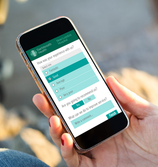 person holding phone with Dartmouth Health New London Hospital survey on screen