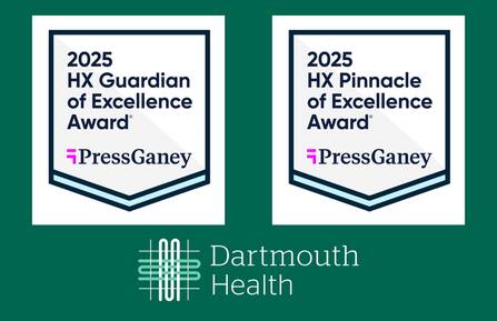 Award seals on green background with Dartmouth Health logo beneath seals